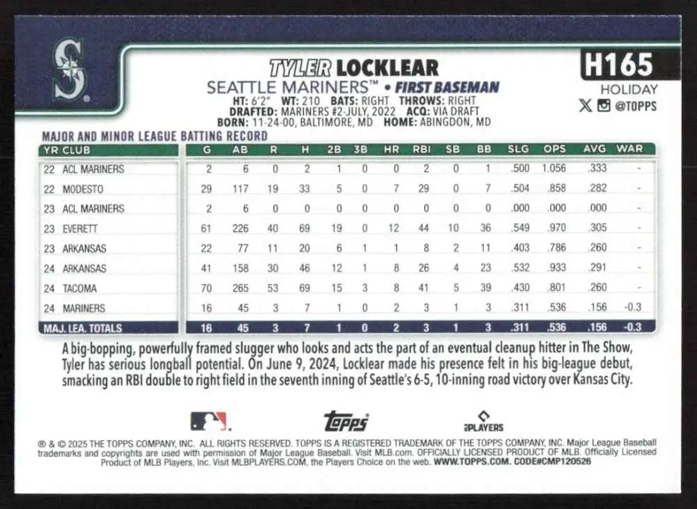 2025 Topps Holiday #H165 Tyler Locklear NM-MT RC Rookie Seattle Mariners Baseball Card - Baseball Card Single