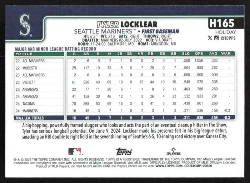 2025 Topps Holiday #H165 Tyler Locklear NM-MT RC Rookie Seattle Mariners Baseball Card - Baseball Card Single