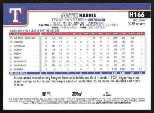 2025 Topps Holiday #H166 Dustin Harris NM-MT RC Rookie Rangers ID:80595 - Baseball Card Single