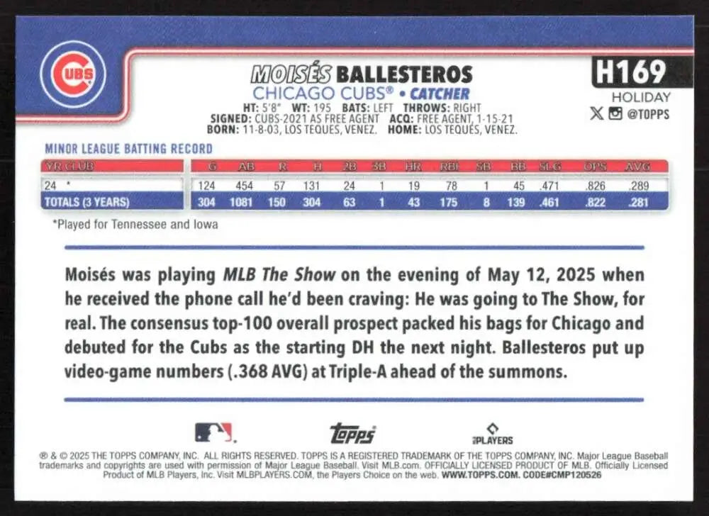 2025 Topps Holiday #H169 Moises Ballesteros NM-MT RC Rookie Chicago Cubs Baseball Card - Baseball Card Single