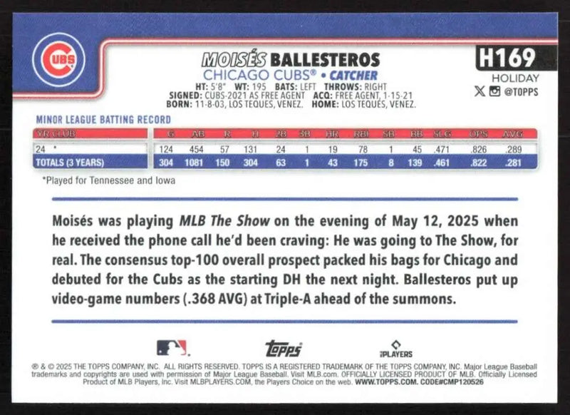 2025 Topps Holiday #H169 Moises Ballesteros NM-MT RC Rookie Chicago Cubs Baseball Card - Baseball Card Single