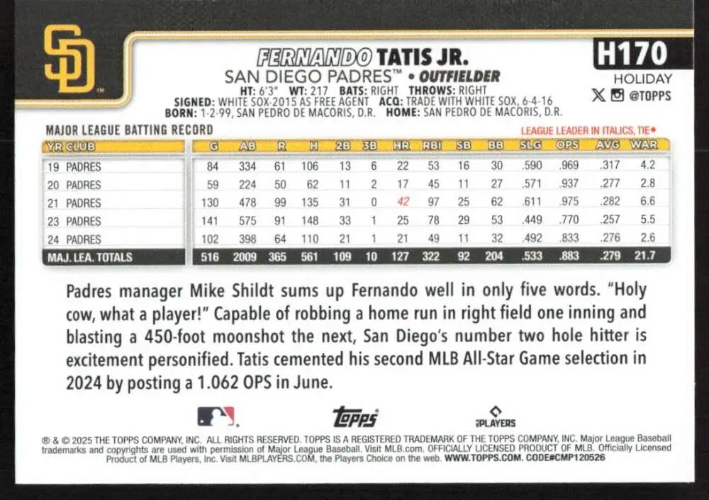2025 Topps Holiday #H170 Fernando Tatis Jr. NM-MT San Diego Padres Baseball Card