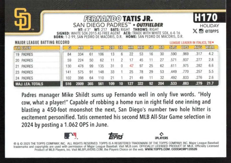 2025 Topps Holiday #H170 Fernando Tatis Jr. NM-MT San Diego Padres Baseball Card