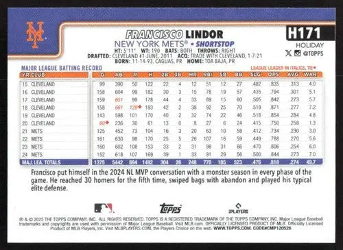 2025 Topps Holiday #H171 Francisco Lindor NM-MT Mets ID:80597 - Baseball Card Single