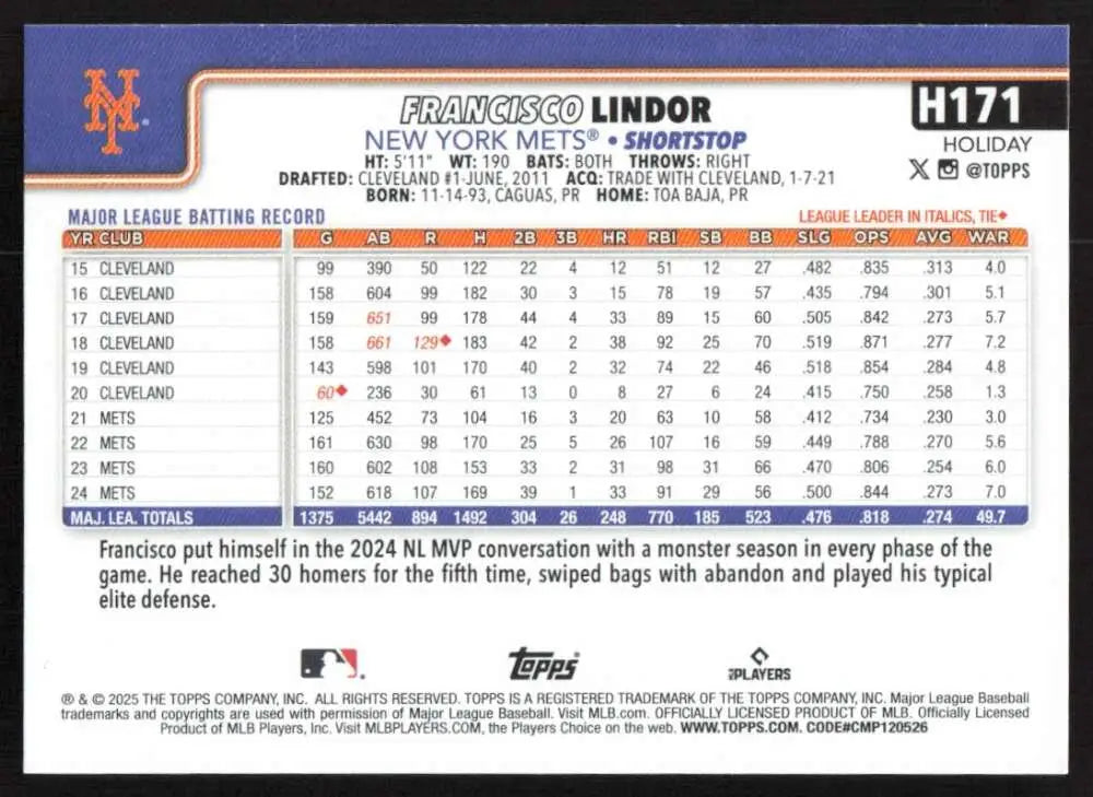 2025 Topps Holiday #H171 Francisco Lindor NM-MT New York Mets Baseball Card - Baseball Card Single