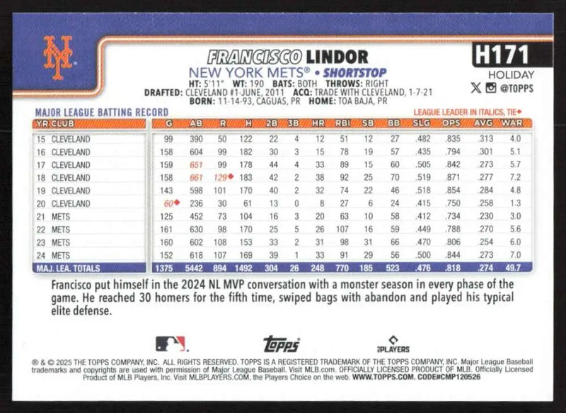 2025 Topps Holiday #H171 Francisco Lindor NM-MT New York Mets Baseball Card - Baseball Card Single