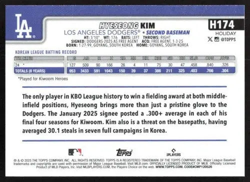 2025 Topps Holiday #H174 Hyeseong Kim NM-MT RC Rookie Dodgers ID:80599 - Baseball Card Single