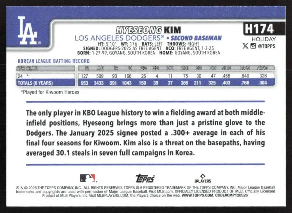 2025 Topps Holiday #H174 Hyeseong Kim NM-MT RC Rookie Los Angeles Dodgers Baseball Card - Baseball Card Single