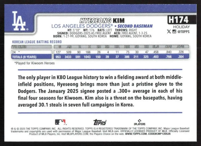 2025 Topps Holiday #H174 Hyeseong Kim NM-MT RC Rookie Los Angeles Dodgers Baseball Card - Baseball Card Single