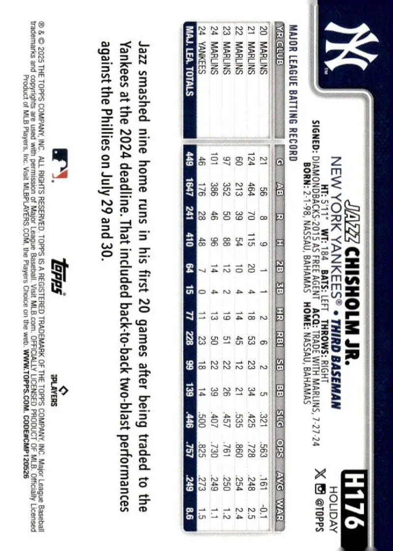 2025 Topps Holiday #H176 Jazz Chisholm Jr. NM-MT New York Yankees Baseball Card - Baseball Card Single