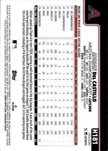 2025 Topps Holiday #H181 Adrian Del Castillo NM-MT RC Rookie Diamondbac ID:79982 - Baseball Card Single