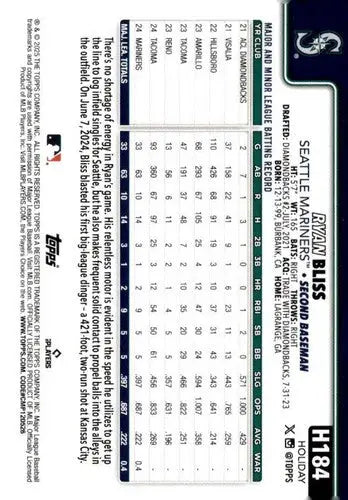 2025 Topps Holiday #H184 Ryan Bliss NM-MT RC Rookie Mariners ID:79985 - Baseball Card Single