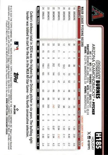 2025 Topps Holiday #H185 Corbin Burnes NM-MT Diamondbacks ID:79986 - Baseball Card Single