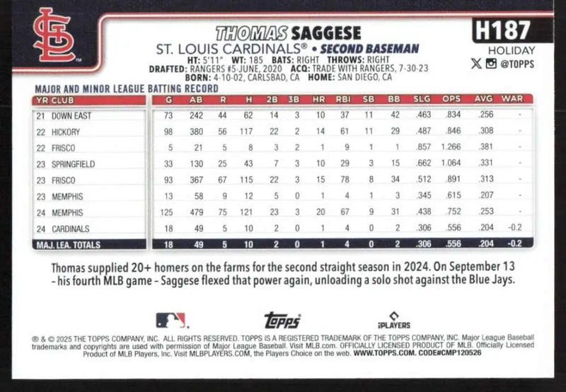 2025 Topps Holiday #H187 Thomas Saggese NM-MT RC Rookie St. Louis Cardinals Baseball Card - Baseball Card Single