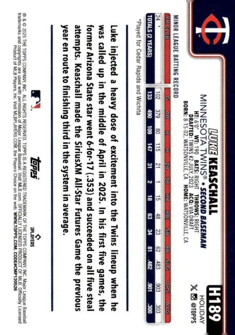 2025 Topps Holiday #H189 Luke Keaschall NM-MT RC Rookie Twins ID:80602 - Baseball Card Single