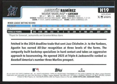2025 Topps Holiday #H19 Agustin Ramirez NM-MT RC Rookie Marlins ID:80556 - Baseball Card Single