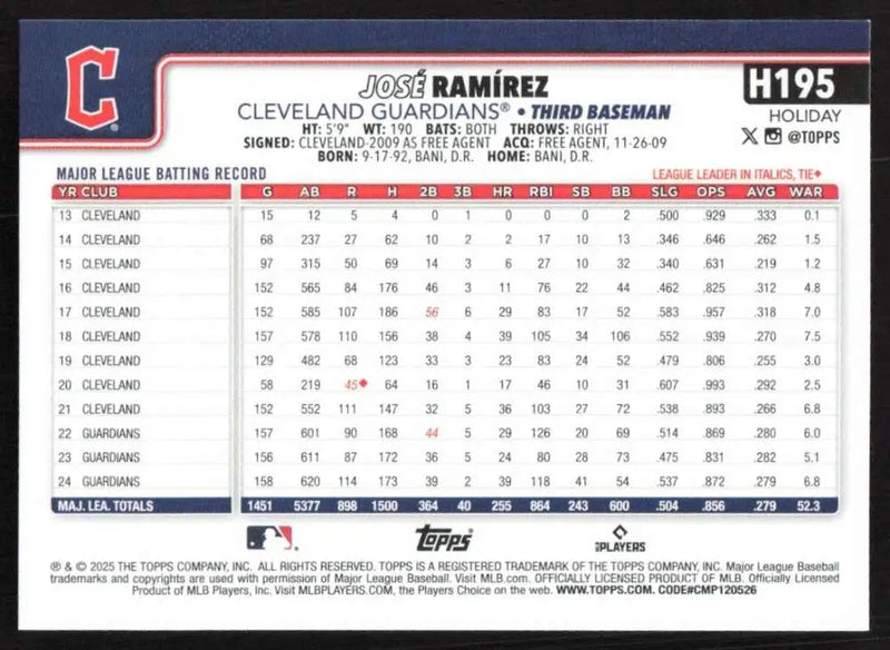 2025 Topps Holiday #H195 Jose Ramirez NM-MT Cleveland Guardians Baseball Card - Baseball Card Single