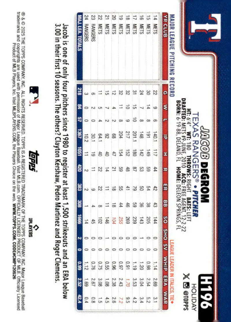 2025 Topps Holiday #H196 Jacob deGrom NM-MT Texas Rangers Baseball Card - Baseball Card Single