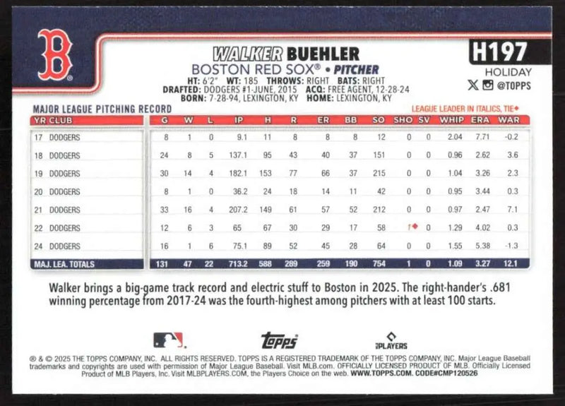 2025 Topps Holiday #H197 Walker Buehler NM-MT Red Sox ID:80606 - Baseball Card Single