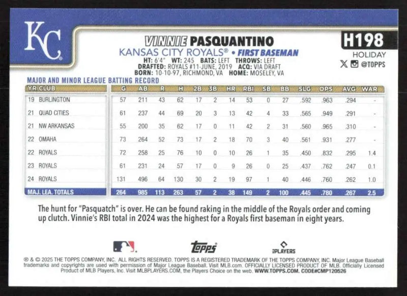 2025 Topps Holiday #H198 Vinnie Pasquantino NM-MT Kansas City Royals Baseball Card - Baseball Card Single
