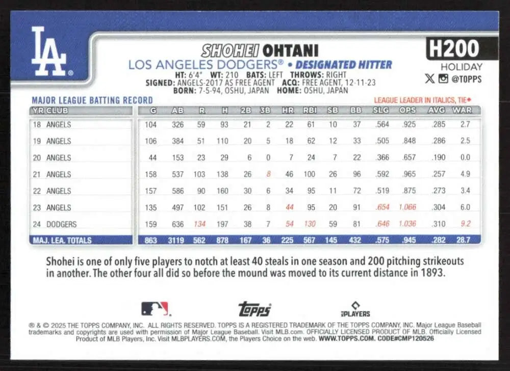 2025 Topps Holiday #H200 Shohei Ohtani NM-MT Los Angeles Dodgers Baseball Card - Baseball Card Single