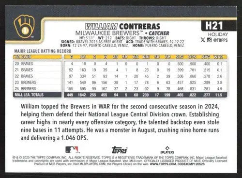 2025 Topps Holiday #H21 William Contreras NM-MT Brewers ID:80557 - Baseball Card Single