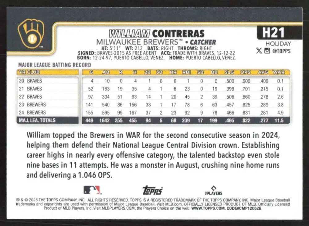 2025 Topps Holiday #H21 William Contreras NM-MT Milwaukee Brewers Baseball Card - Baseball Card Single