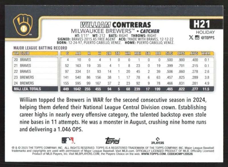 2025 Topps Holiday #H21 William Contreras NM-MT Milwaukee Brewers Baseball Card - Baseball Card Single