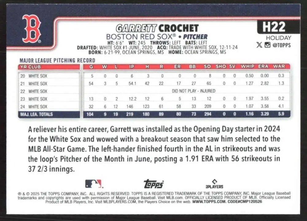 2025 Topps Holiday #H22 Garrett Crochet NM-MT Boston Red Sox Baseball Card - Baseball Card Single