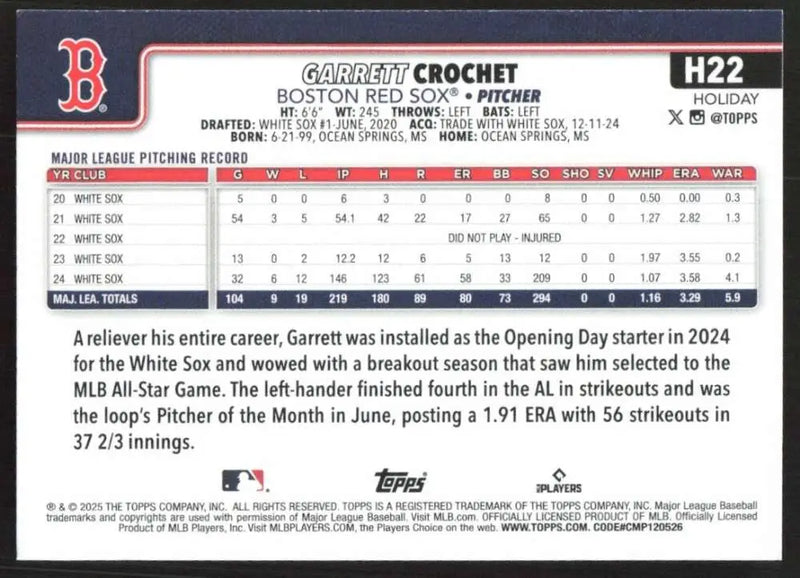 2025 Topps Holiday #H22 Garrett Crochet NM-MT Boston Red Sox Baseball Card - Baseball Card Single