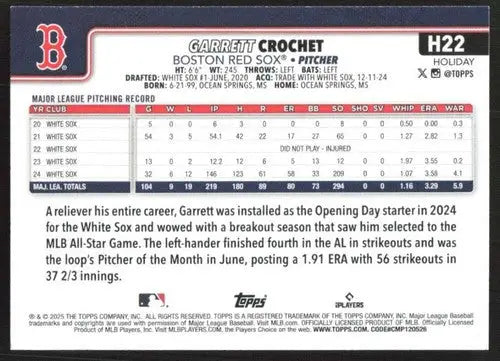 2025 Topps Holiday #H22 Garrett Crochet NM-MT Red Sox ID:79838 - Baseball Card Single