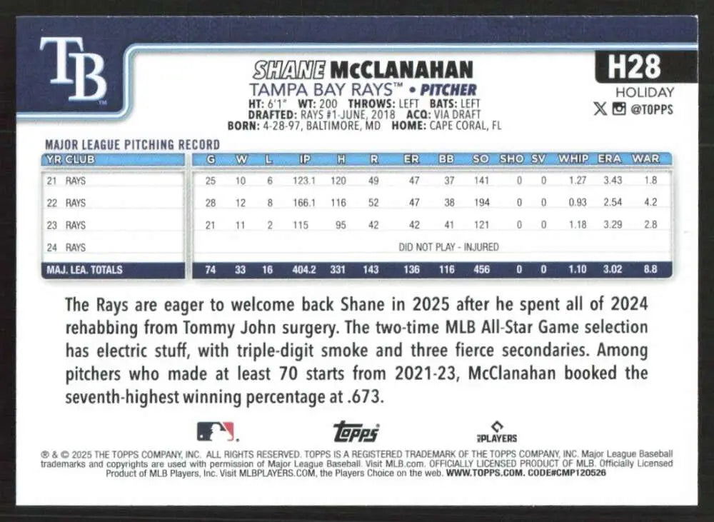 2025 Topps Holiday #H28 Shane McClanahan NM-MT Tampa Bay Rays Baseball Card - Baseball Card Single