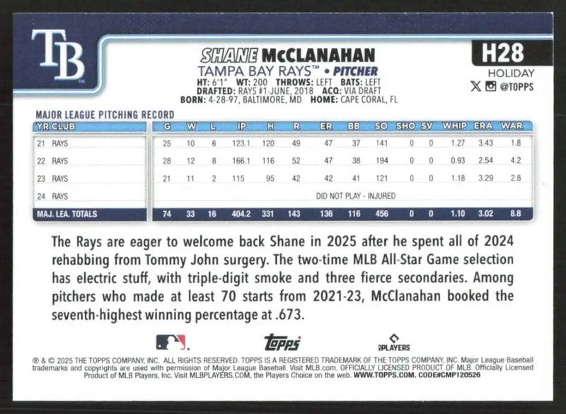 2025 Topps Holiday #H28 Shane McClanahan NM-MT Tampa Bay Rays Baseball Card - Baseball Card Single