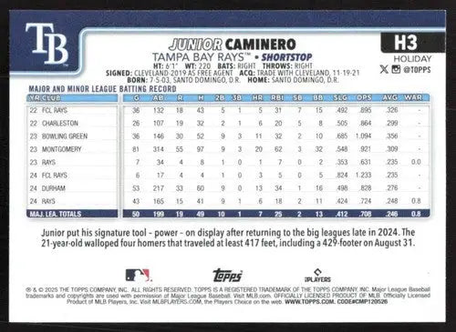 2025 Topps Holiday #H3 Junior Caminero NM-MT Rays ID:79824 - Baseball Card Single