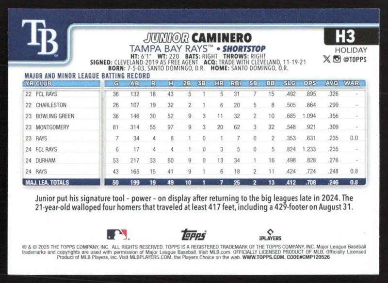 2025 Topps Holiday #H3 Junior Caminero NM-MT Tampa Bay Rays Baseball Card