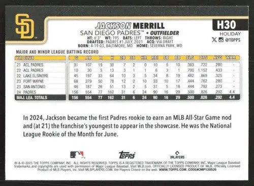 2025 Topps Holiday #H30 Jackson Merrill NM-MT Padres ID:79845 - Baseball Card Single