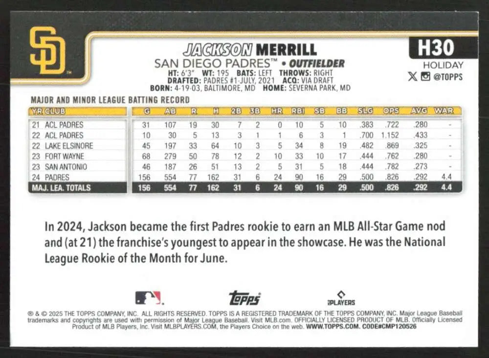 2025 Topps Holiday #H30 Jackson Merrill NM-MT San Diego Padres Baseball Card - Baseball Card Single
