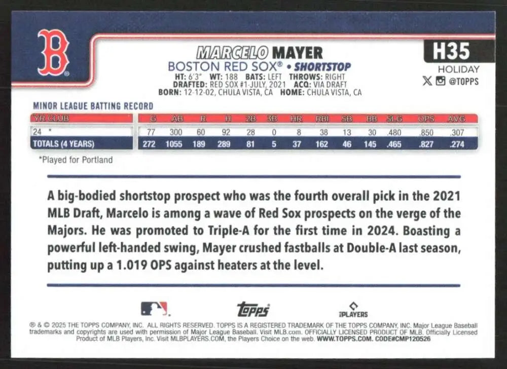 2025 Topps Holiday #H35 Marcelo Mayer NM-MT RC Rookie Boston Red Sox Baseball Card - Baseball Card Single