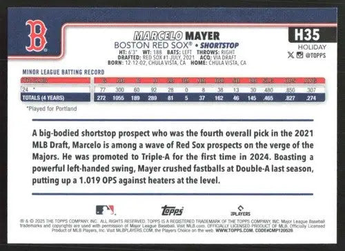 2025 Topps Holiday #H35 Marcelo Mayer NM-MT RC Rookie Red Sox ID:80559 - Baseball Card Single