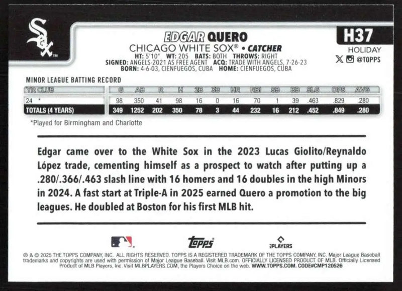 2025 Topps Holiday #H37 Edgar Quero NM-MT RC Rookie Chicago White Sox Baseball Card - Baseball Card Single