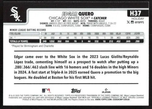 2025 Topps Holiday #H37 Edgar Quero NM-MT RC Rookie White Sox ID:80560 - Baseball Card Single