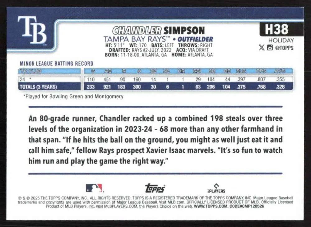 2025 Topps Holiday #H38 Chandler Simpson NM-MT RC Rookie Tampa Bay Rays Baseball Card - Baseball Card Single