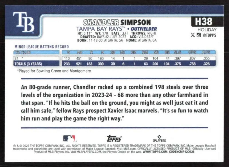 2025 Topps Holiday #H38 Chandler Simpson NM-MT RC Rookie Tampa Bay Rays Baseball Card - Baseball Card Single