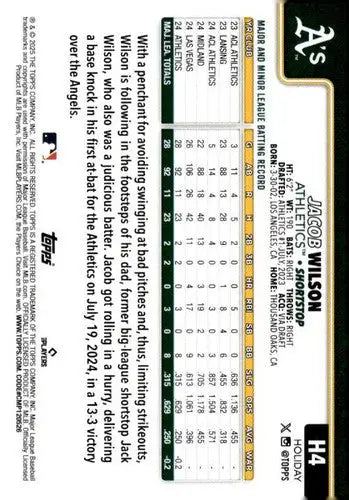 2025 Topps Holiday #H4 Jacob Wilson NM-MT RC Rookie ID:79825 - Baseball Card Single
