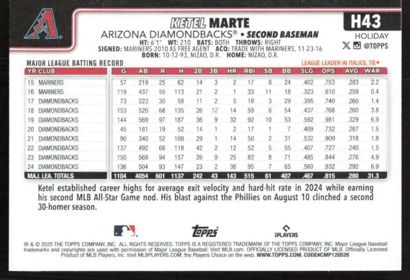 2025 Topps Holiday #H43 Ketel Marte NM-MT Arizona Diamondbacks Baseball Card - Baseball Card Single