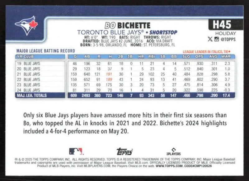 2025 Topps Holiday #H45 Bo Bichette NM-MT Toronto Blue Jays Baseball Card - Baseball Card Single