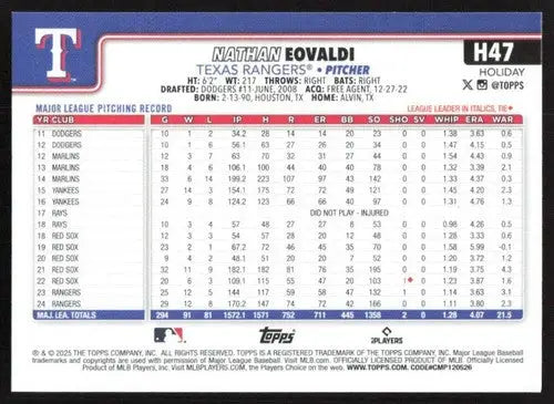 2025 Topps Holiday #H47 Nathan Eovaldi NM-MT Rangers ID:79860 - Baseball Card Single