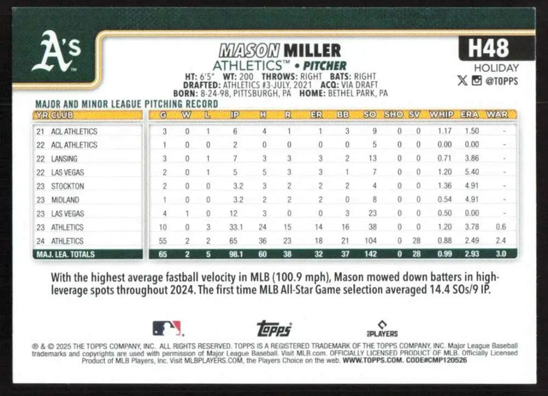 2025 Topps Holiday #H48 Mason Miller NM-MT Athletics Baseball Card - Baseball Card Single