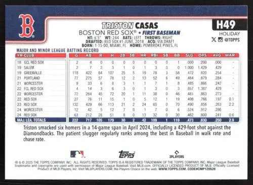 2025 Topps Holiday #H49 Triston Casas NM-MT Red Sox ID:79862 - Baseball Card Single