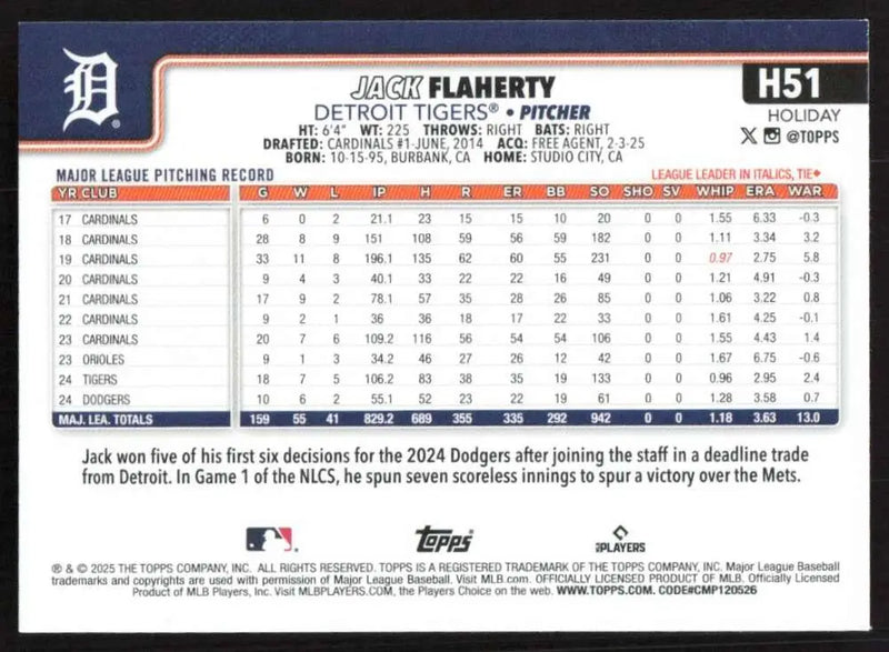 2025 Topps Holiday #H51 Jack Flaherty NM-MT Detroit Tigers Baseball Card - Baseball Card Single